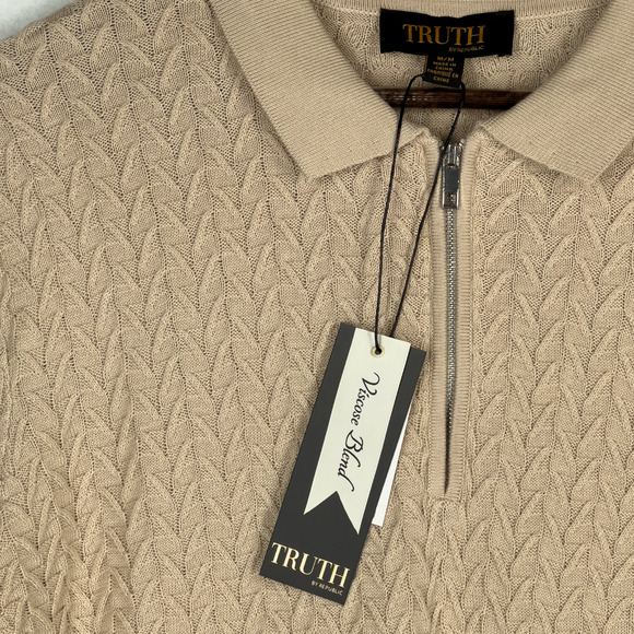 Truth Textured Polo Knitted Dune Beige Quarter Zip Men's Size Medium NWT $78 - Picture 3 of 7